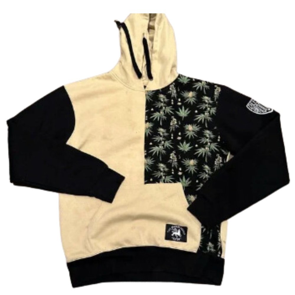 Pot Leaf Weed Defend Brooklyn Large Men's Hoodie Pockets Long Sleeve Tan Black